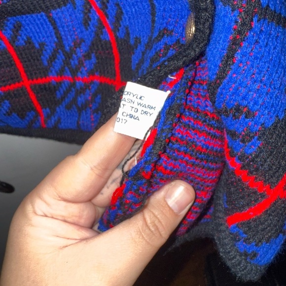 Vintage 80s Plaid Knit Sweater w/ Shoulder Pads & Pockets – Tally-Ho XL - Picture 6 of 8